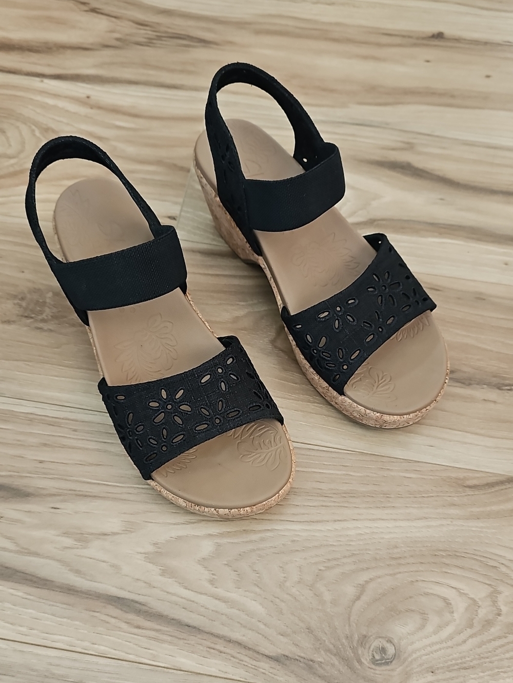 Skechers Black Laser-Cut Elastic Cork Wedge Sandals